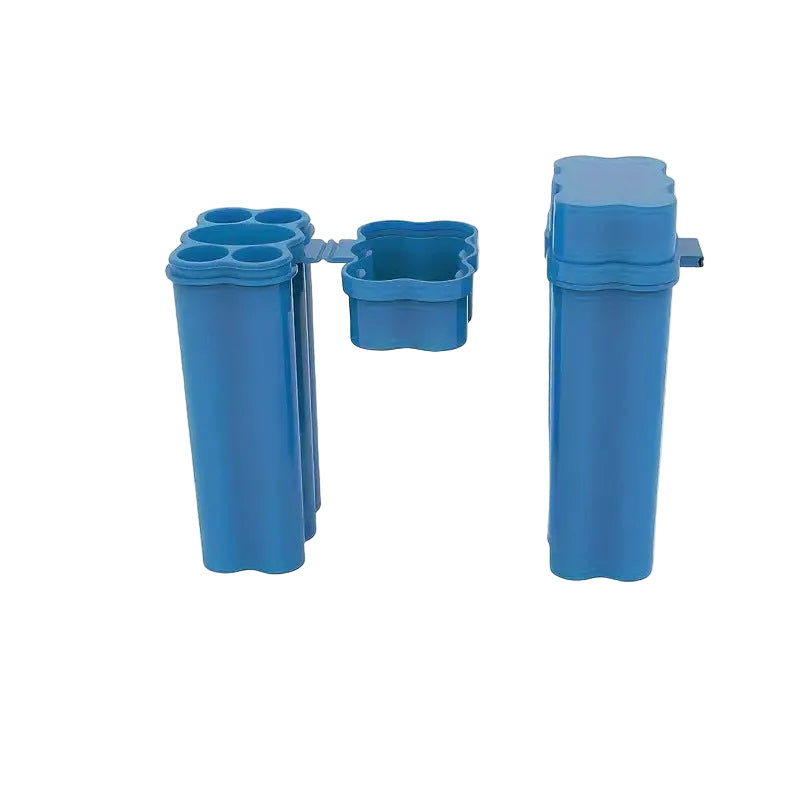 Blue plastic container with multiple compartments on a white background