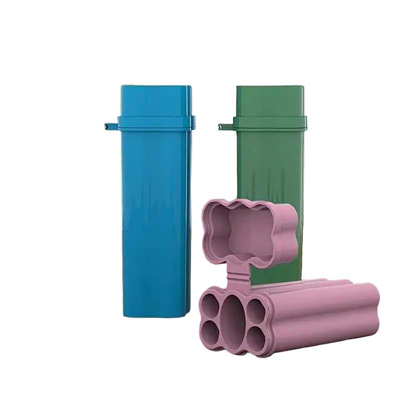 Blue, pink, and green cylindrical objects with a white background.