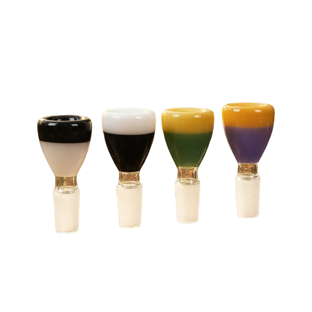 Four glass bowl piece smoking accessories with color-blocked bowls.
